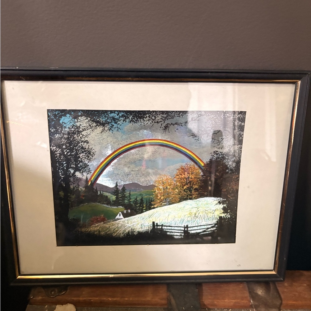 Vintage Foil Art Landscape Print with Rainbow